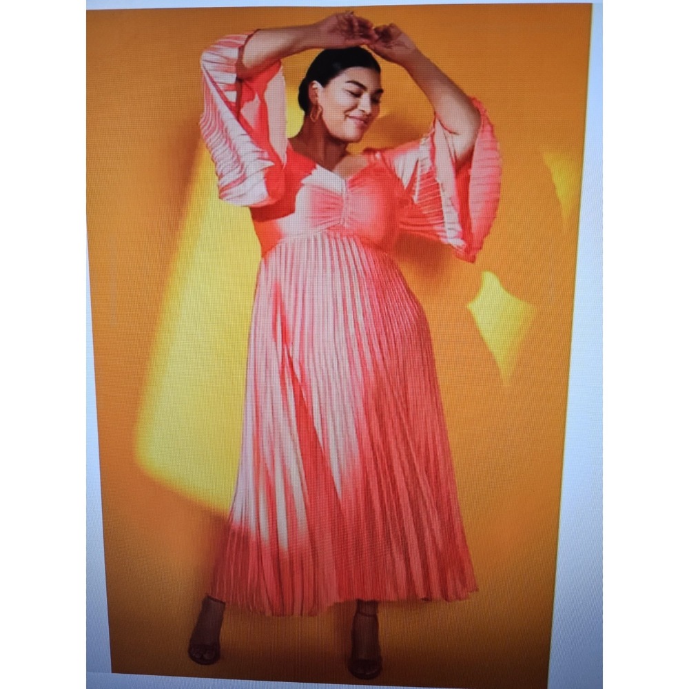 NWT Eloquii Orange Pleated Satin Back Zip Long Sleeves Maxi Dress, Plus 24